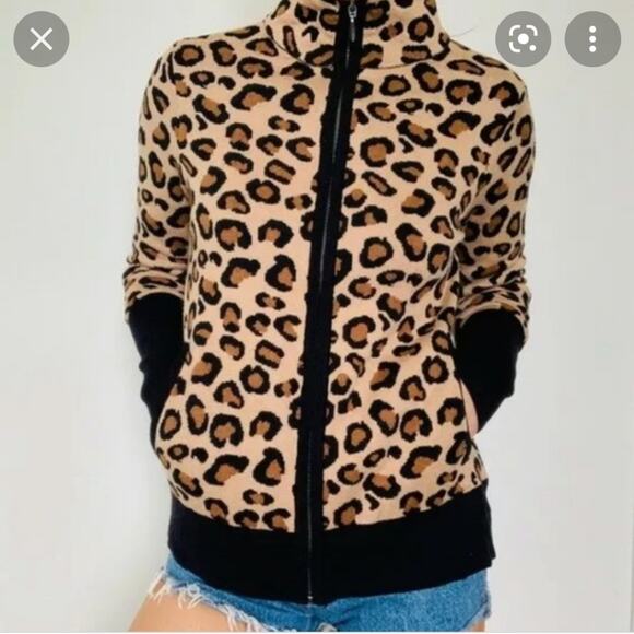 Rachel Zoe Leopard Mock Neck Zip Front Long Sleeve Cardigan Sweater Size M - Picture 10 of 11